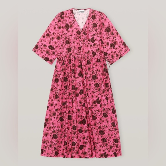 Ganni Rose Print Wrap Pink Dress - Picture 3 of 7